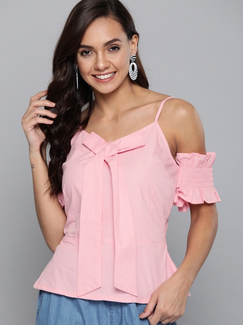 

HERE&NOW Women Pink Solid Bardot Pure Cotton Top