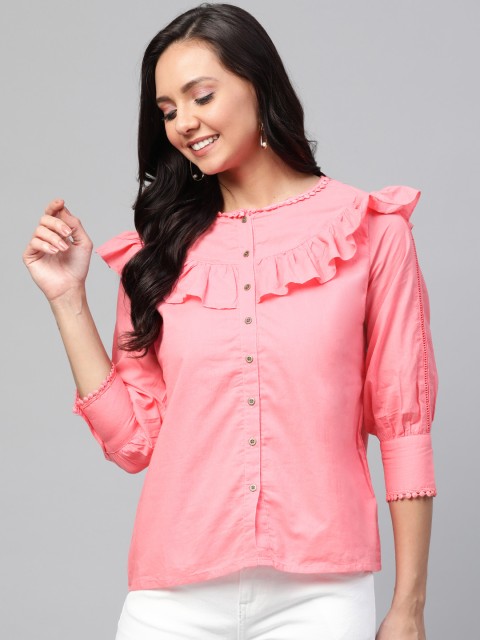 

HERE&NOW Women Pink Solid Pure Cotton Top