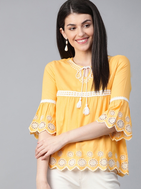

HERE&NOW Women Yellow Schiffli Embroidered A-Line Top