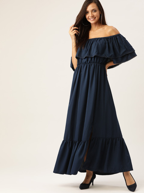 

HERE&NOW Women Navy Blue Solid Off-Shoulder Layered Maxi Dress
