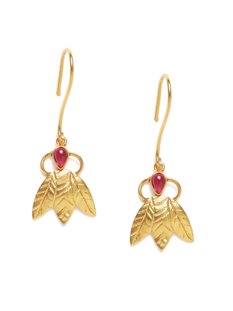

Unniyarcha Jewellery Red & 92.5 Gold Plated Leaf Shaped Drop Earrings