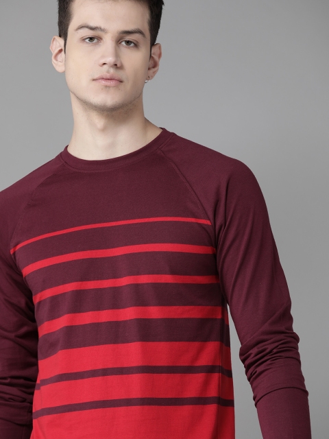 

Roadster Men Burgundy & Red Striped Round Neck T-shirt