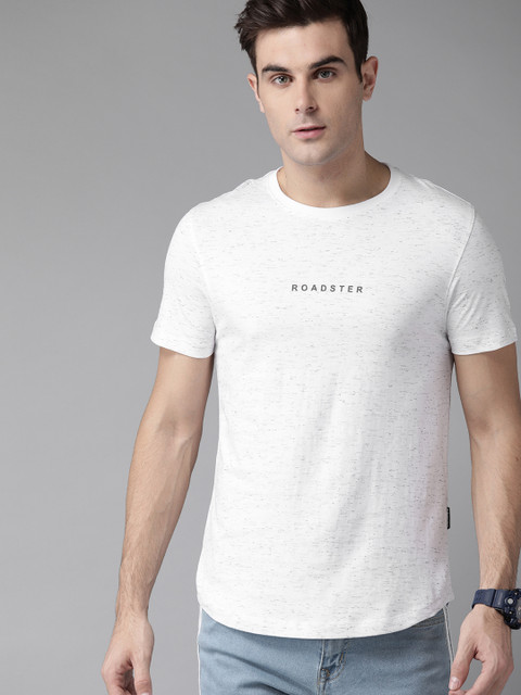 

Roadster Men White Black Self Design Round Neck Pure Cotton T-shirt