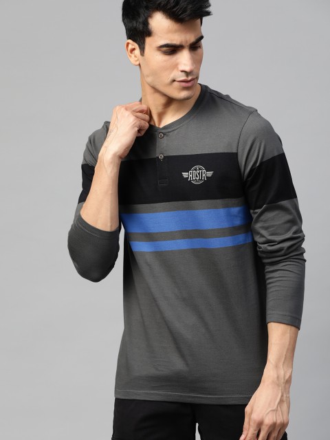 

Roadster Men Charcoal Grey & Blue Striped Mandarin Collar T-shirt