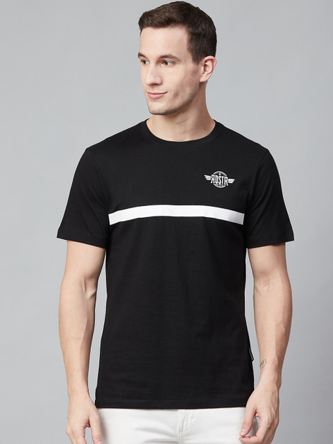 

Roadster Men Black and White Striped Round Neck T-shirt