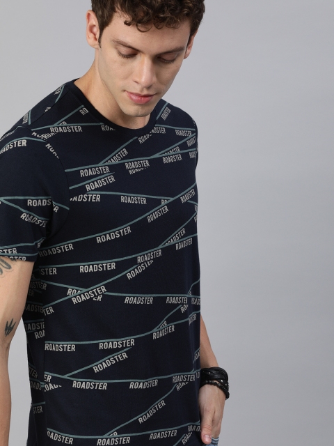 

Roadster Men Navy Blue Grey Printed Round Neck Pure Cotton T-shirt