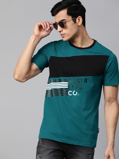 

Roadster Men Teal Blue & Black Printed Round Neck T-shirt