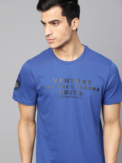 

Roadster Men Blue & bLACK Printed Round Neck T-shirt