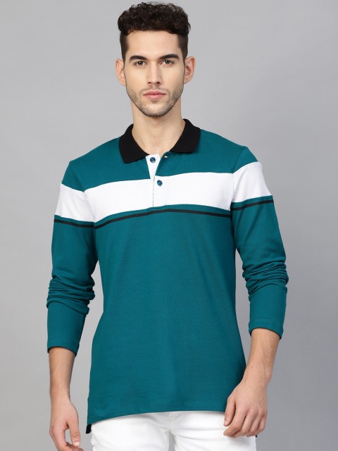

Roadster Men Teal Green & White Striped Polo Collar T-shirt