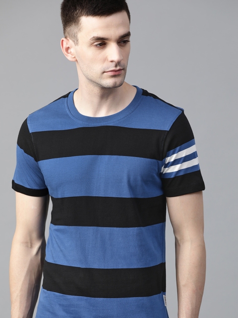 

Roadster Men Blue & Black Striped Round Neck T-shirt