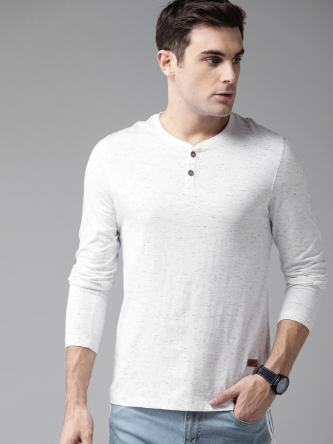 

Roadster Men White & Black Self Design Mandarin Collar T-shirt