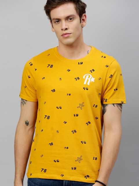 

Roadster Men Mustard Yellow & Black Printed Round Neck T-shirt