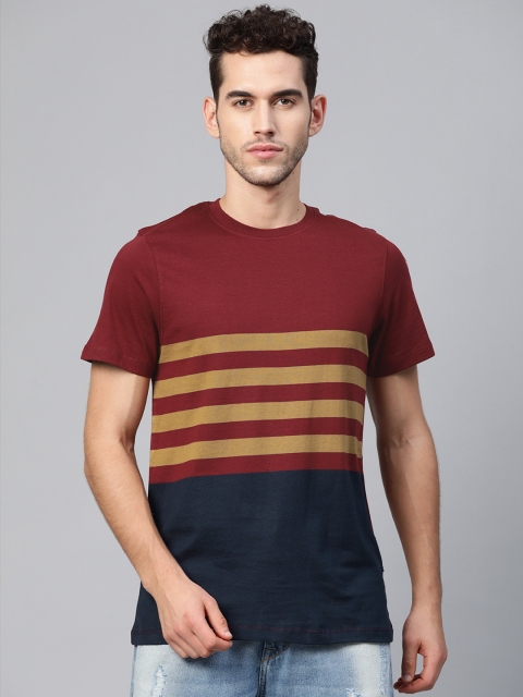 

Roadster Men Maroon & Navy Blue Striped Round Neck T-shirt