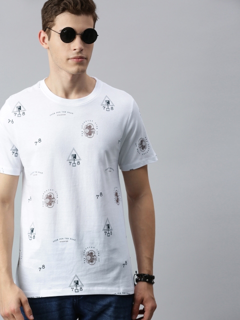 

Roadster Men White & Blue Printed Round Neck T-shirt