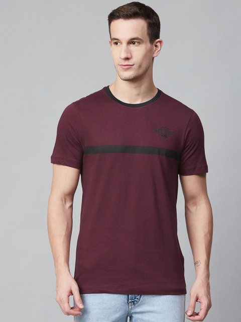 

Roadster Men Burgundy and Black Striped Round Neck T-shirt