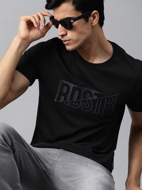 

Roadster Men Black Embroidered Brand Logo Round Neck T-shirt