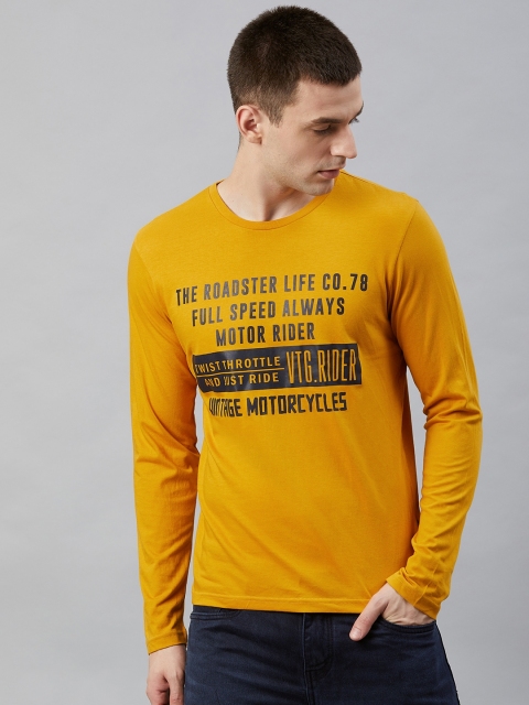 

Roadster Men Mustard Yellow and Black Printed Round Neck T-shirt