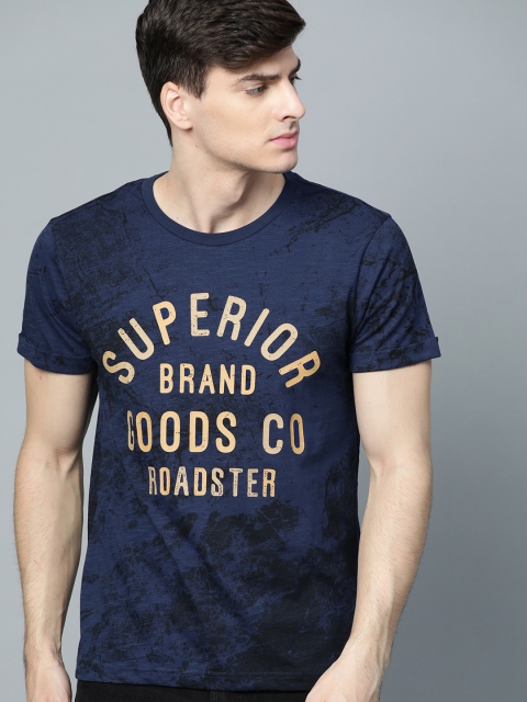 

Roadster Men Navy Blue & Golden Printed Round Neck T-shirt