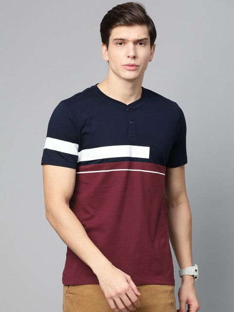 

Roadster Men Maroon & Navy Blue Colourblocked Henley Neck T-shirt
