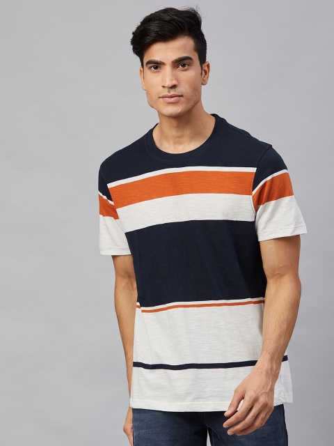 

Roadster Men Navy Blue & White Striped Round Neck T-shirt