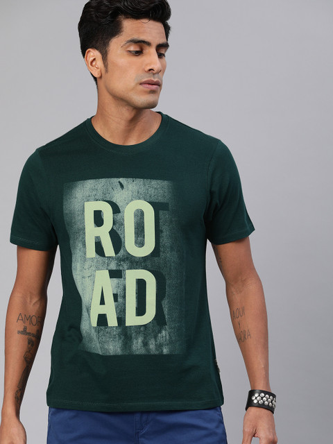 

Roadster Men Green and Off-White Printed Round Neck T-shirt