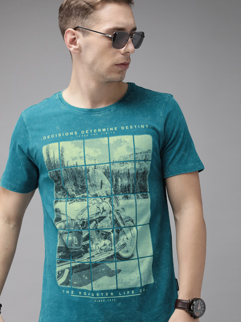 

Roadster Men Blue Printed Round Neck T-shirt