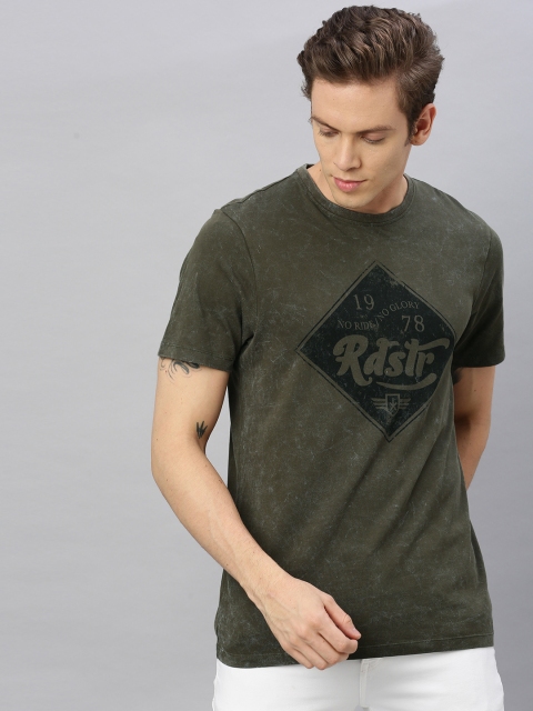 

Roadster Men Olive Green and Black Printed Round Neck Pure Cotton T-shirt