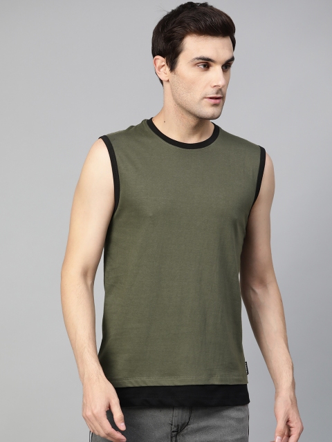 

Roadster Men Olive Green & Black Sleeveless Solid Round Neck T-shirt