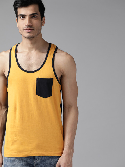 

Roadster Men Mustard Yellow Navy Blue Solid Scoop Neck Pure Cotton T-shirt With Racer Back