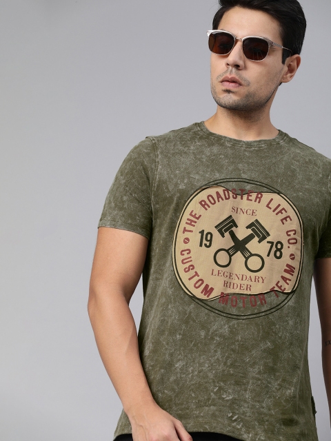 

Roadster Men Dyed Olive Printed Round Neck T-shirt