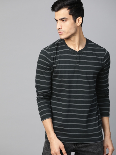 

Roadster Men Black & Charcoal Grey Striped Henley Neck T-shirt
