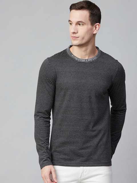 

Roadster Men Grey & Black Striped T-Shirt