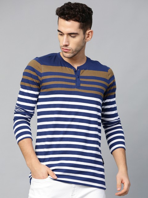 

Roadster Men Blue & White Striped Henley Neck T-shirt