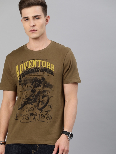 Roadster Men Olive Brown Printed Round Neck Pure Cotton T-shirt