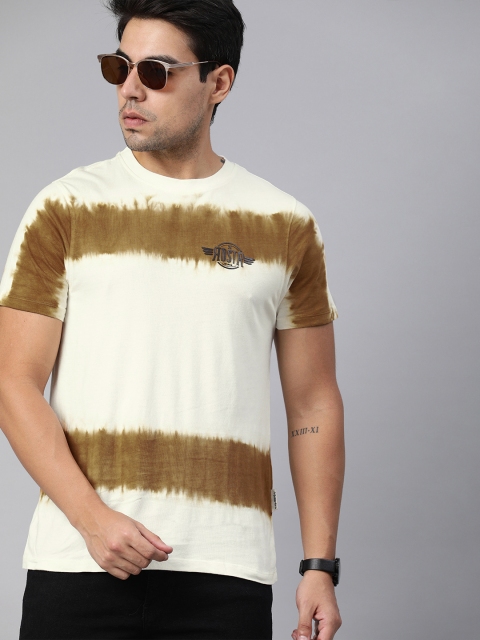 

Roadster Men Off-White & Camel Brown Striped Round Neck T-shirt