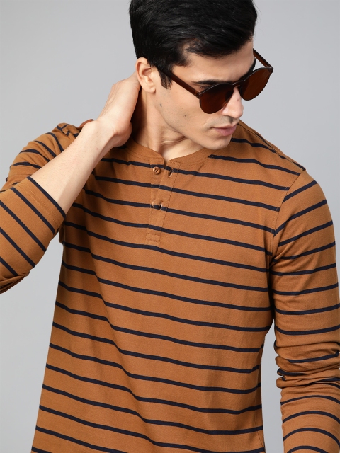 

Roadster Men Rust Brown & Navy Blue Striped Henley Neck T-shirt