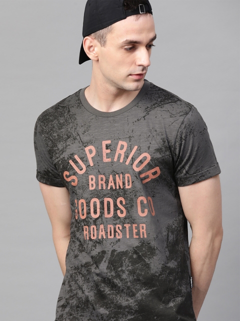 

Roadster Men Charcoal Grey Printed Round Neck T-shirt