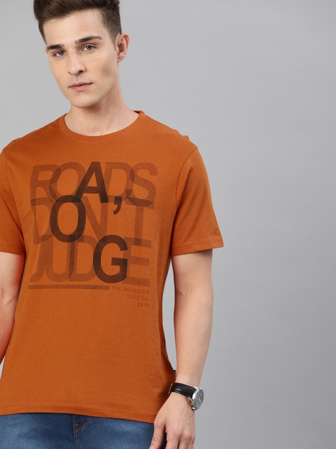 Men Rust Orange Printed Round Neck Pure Cotton T-shirt