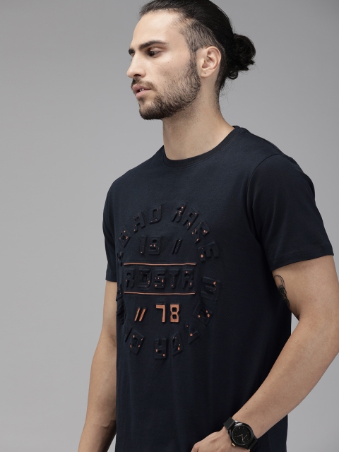 

Roadster Men Navy Blue Embossed Round Neck T-shirt
