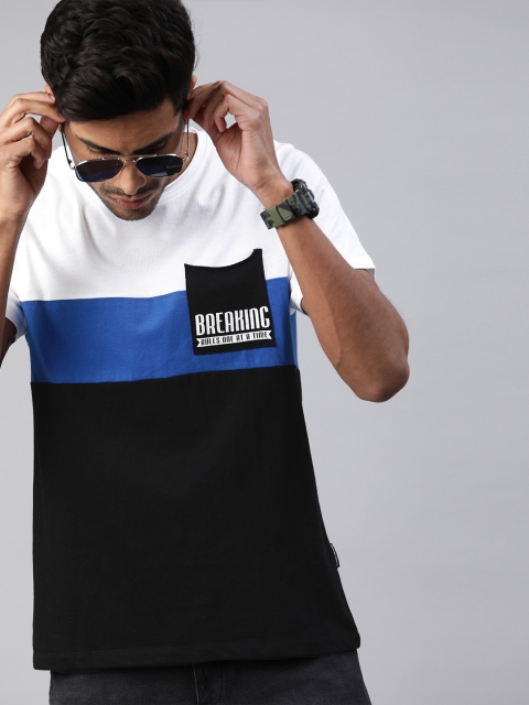 

Roadster Men Black & White Colourblocked Round Neck T-shirt