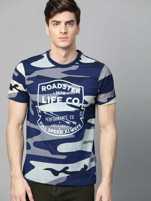 

Roadster Men Navy Blue & Grey Camouflage Printed Round Neck T-shirt