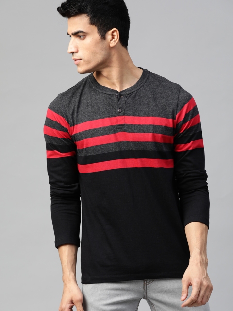 

Roadster Men Charcoal Grey & Black Striped Mandarin Collar T-shirt