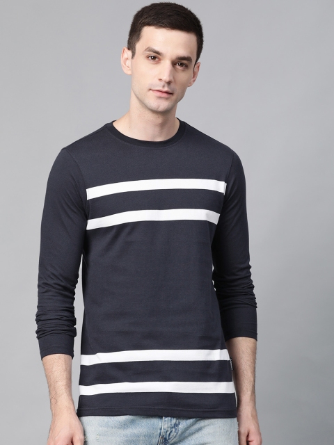 

Roadster Men Navy Blue & White Striped Round Neck T-shirt