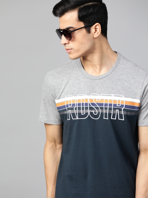 

Roadster Men Navy Blue & Grey Melange Colourblocked Round Neck T-shirt