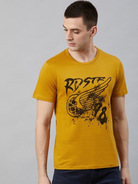 

Roadster Men Mustard Yellow & Black Printed Round Neck T-shirt