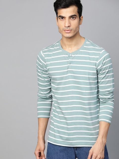 

Roadster Men Sea Green & White Striped Henley Neck T-shirt