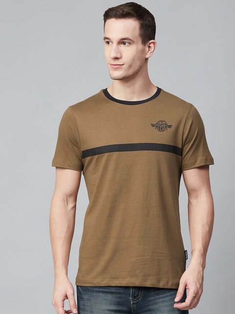 

Roadster Men Khaki and Black Striped Round Neck T-shirt
