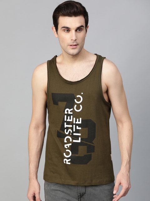 

Roadster Men Olive Green Printed Round Neck T-shirt