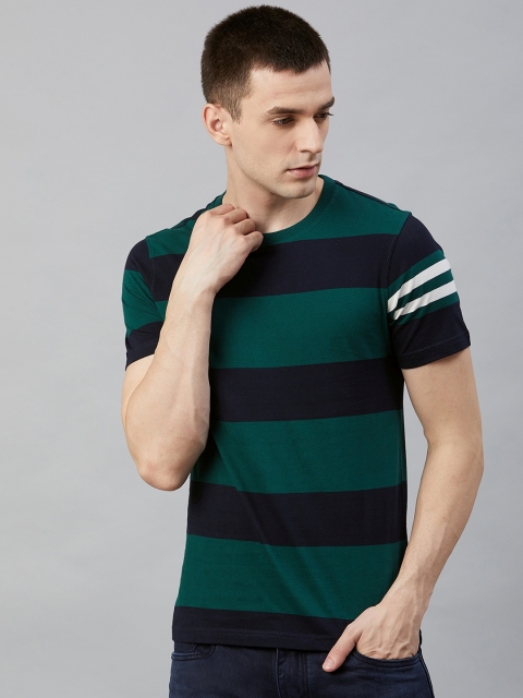 

Roadster Men Green & Navy Blue Striped Round Neck T-shirt