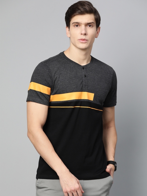 

Roadster Men Black & Charcoal Grey Colourblocked Henley Neck T-shirt